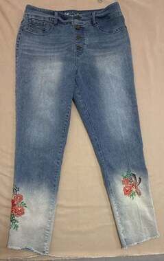 DG2 Diane Gilman Embroidered Pull On Jeans Button Fly Ombre Midtone Blue